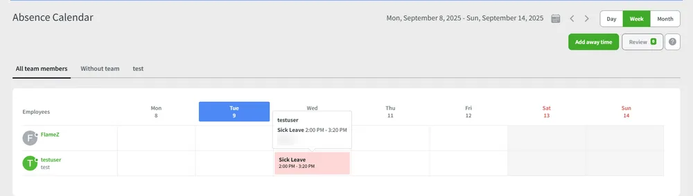 DeskTime workforce analytics software absence calendar showing PTO and sick leave alongside productivity data
