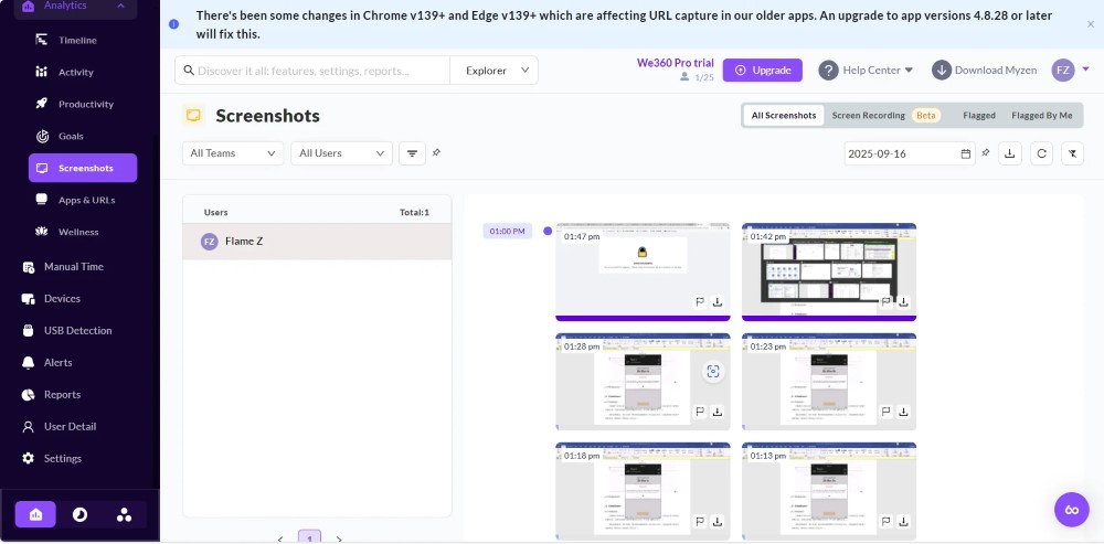 we360 ai employee monitor software screenshot